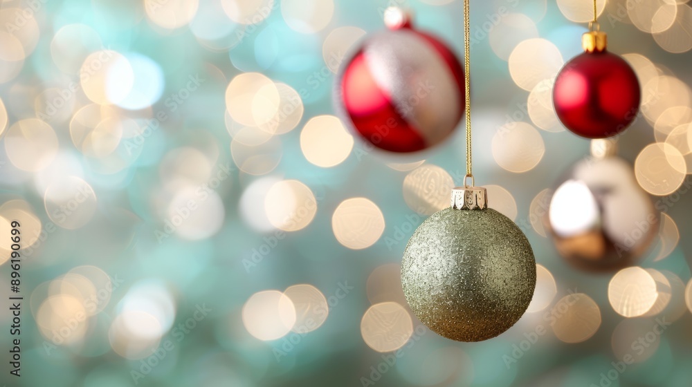 Fototapeta premium A Christmas tree with a green ball and red and white balls hanging from it