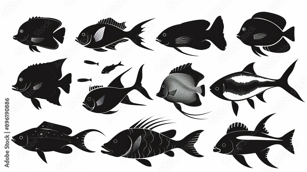 An illustration of a salmon with a silhouette in line art style. The fish is modern and drawn by hand. The fish has a tattoo on its back. The black and white fish has a modern style on the back. The An illustration of a salmon with a silhouette in line art style. The fish is modern and drawn by hand. The fish has a tattoo on its back. The black and white fish has a modern style on the back. The