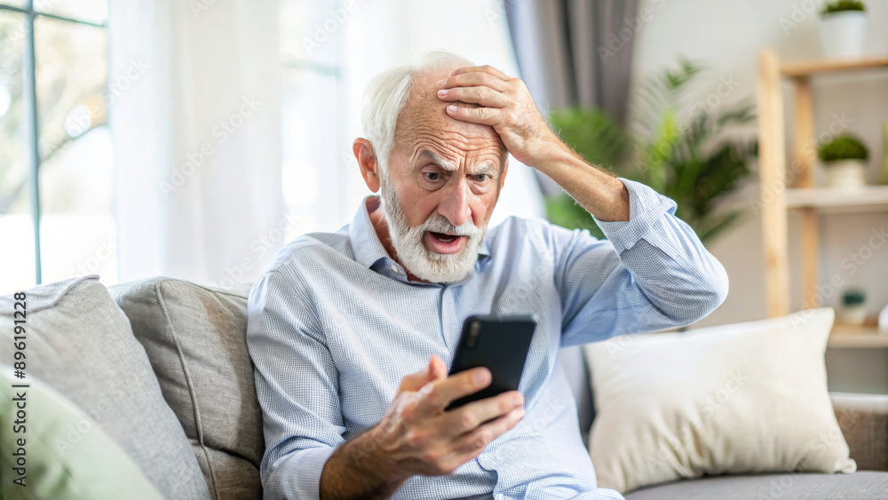 Nervous confused elderly senior man stressed worried with smartphone. Frustrated grandpa having problem with paying, buying online and payments. Internet fraud or scams Nervous confused elderly senior man stressed worried with smartphone. Frustrated grandpa having problem with paying, buying online and payments. Internet fraud or scams