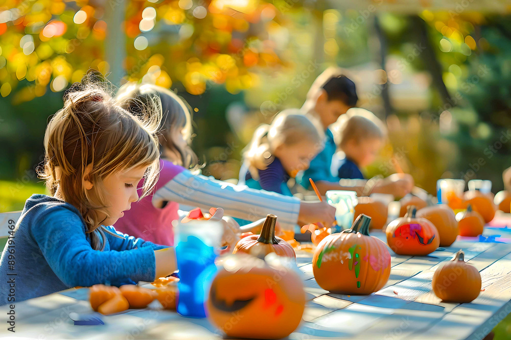 Fototapeta premium Children Enjoying Pumpkin Painting Activity Outdoors