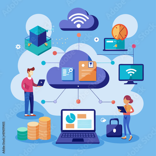 Remote work solutions using cloud computing, data access, and seamless connectivity vector graphics