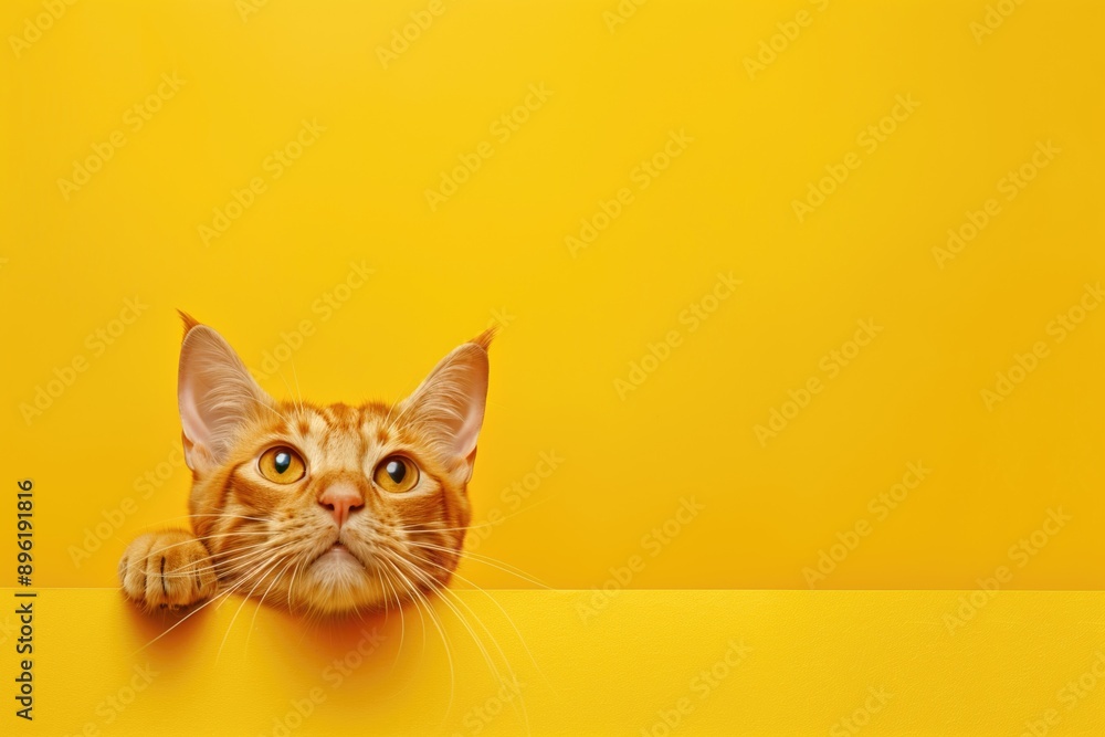 Orange tabby cat peeking over yellow background with curious expression. Pet photography, animal portraits, cat lovers, vibrant imagery, playful pets concept. Orange tabby cat peeking over yellow background with curious expression. Pet photography, animal portraits, cat lovers, vibrant imagery, playful pets concept.