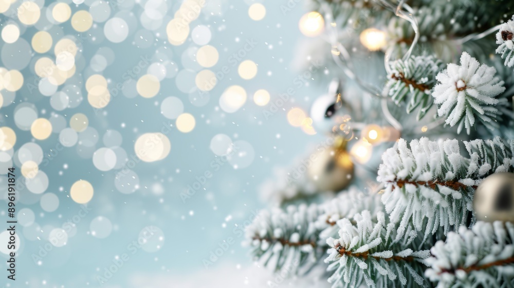 A Christmas tree with snow on it and a bell hanging from it A Christmas tree with snow on it and a bell hanging from it