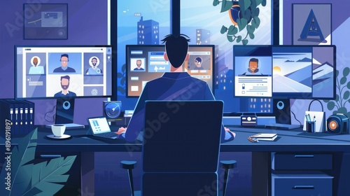 A remote work setup with employees accessing corporate networks and applications securely from home using VPNs and multi-factor authentication. photo