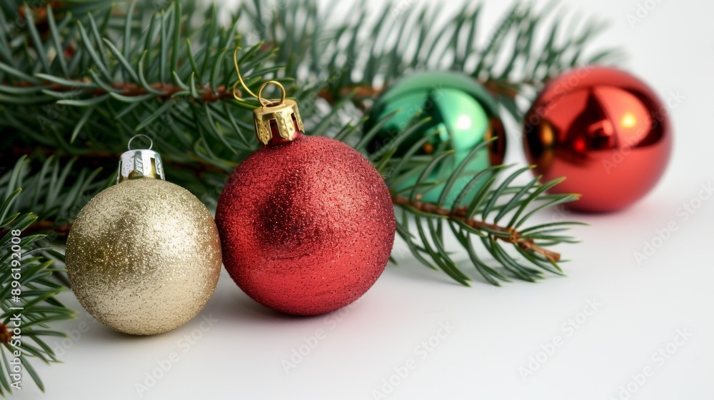 A red and gold ornament sits on Christmas tree branch A red and gold ornament sits on Christmas tree branch