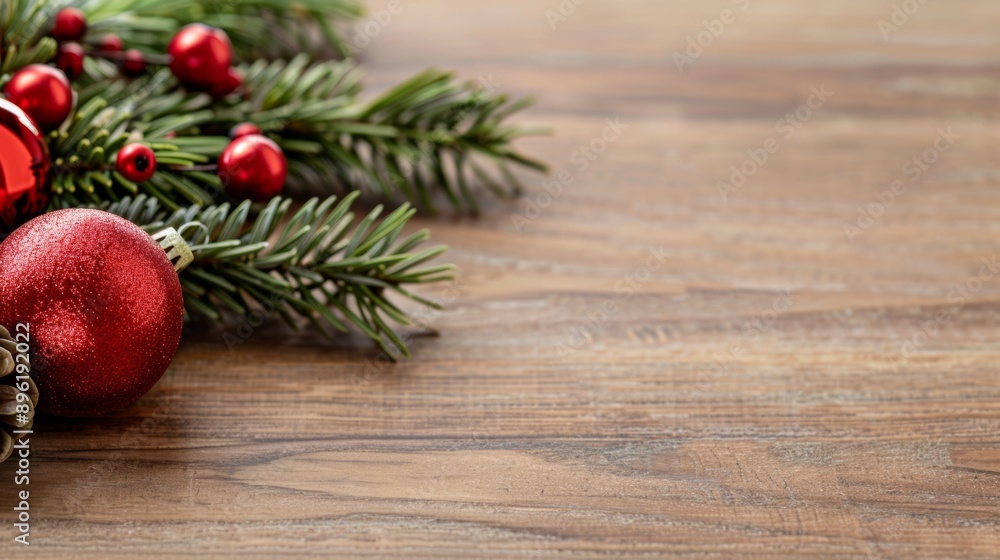A red ornament sits on a wooden table A red ornament sits on a wooden table
