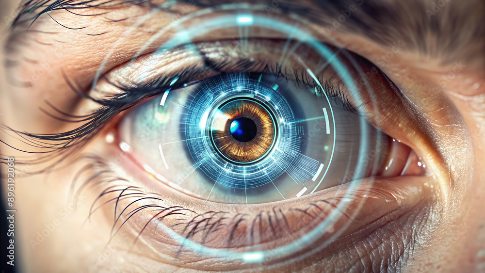 Closeup of human eye with future augmented reality contact lenses ...