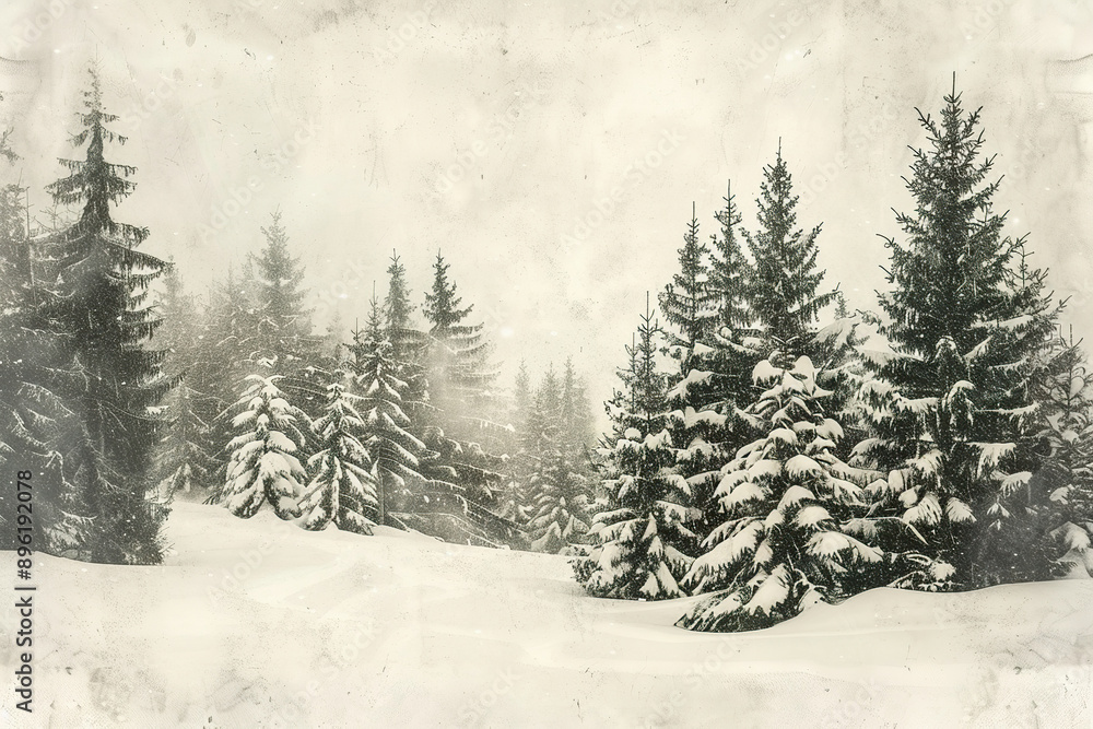 Naklejka premium A snowy forest with trees covered in snow.