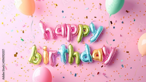 rainbow air balloons happy birthday text on festive pink background , celebratory, party card, birthday greetings, events poster, birthday celebration.