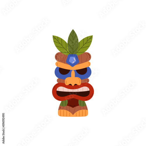 Tiki mask vector icon, tribal wooden carved totem, Hawaiian idol scary face with toothy mouth, decorated with leaves