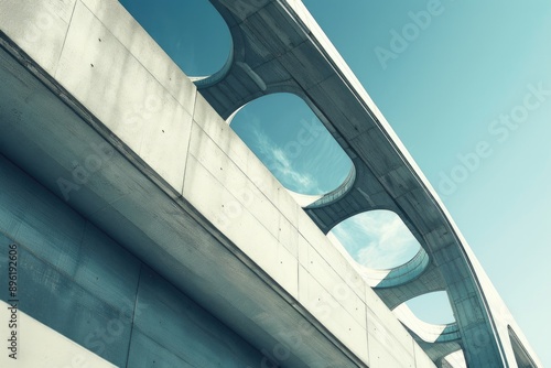 A view from underneath a bridge, showing its arch and the clear blue sky above photo