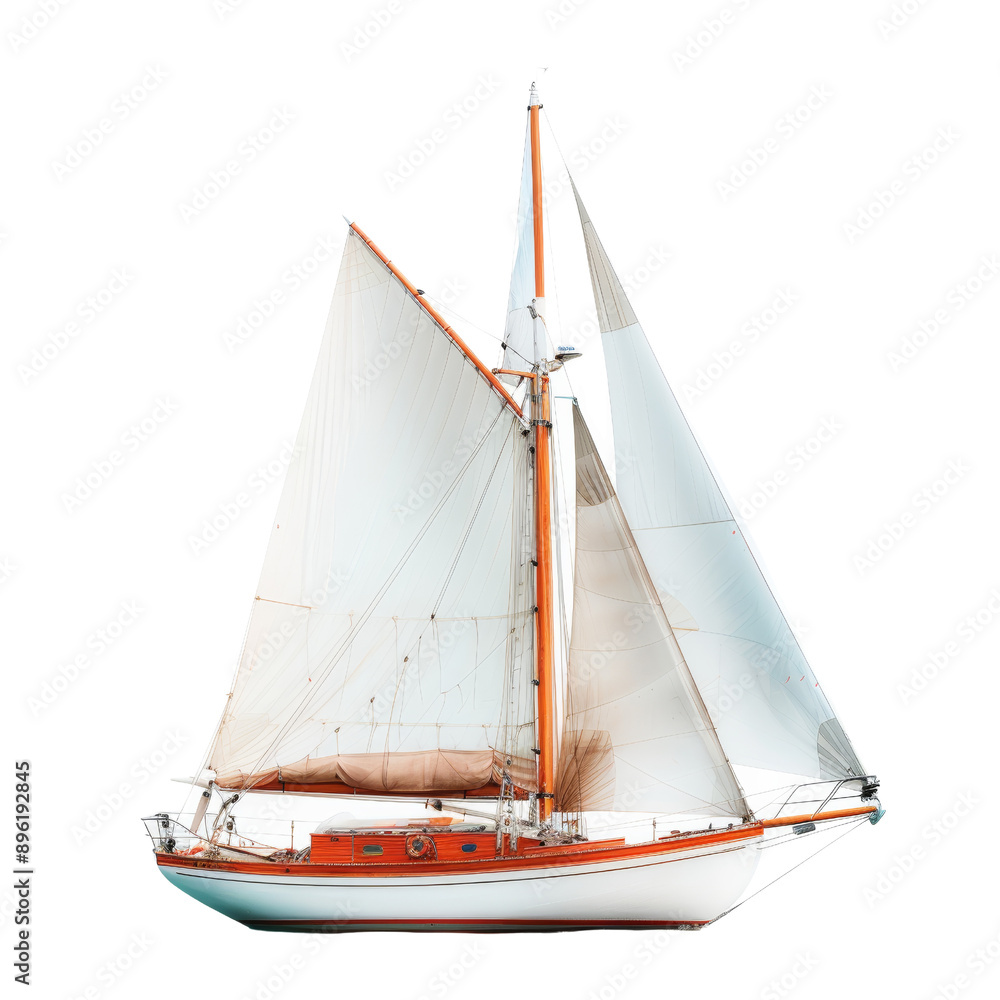 Obraz premium Elegant white sailboat with vibrant orange accents and large billowing sails. Perfect for ocean adventure or sailing enthusiast imagery.