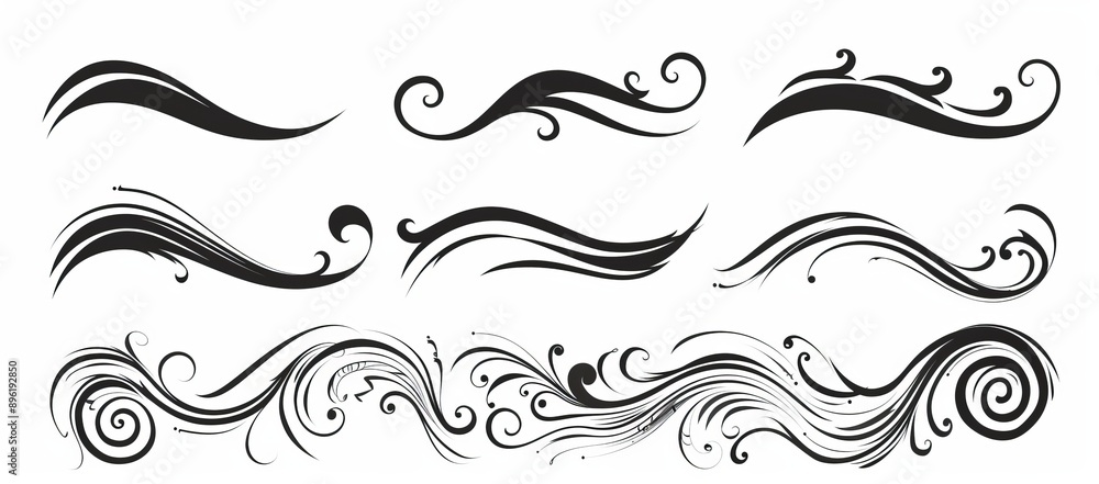 Fototapeta premium The set includes vintage swirl ornaments, line flourishes, and ornamental curls. The elements are ideal for menus, diplomas, invitation cards, and outline text to divide the text.