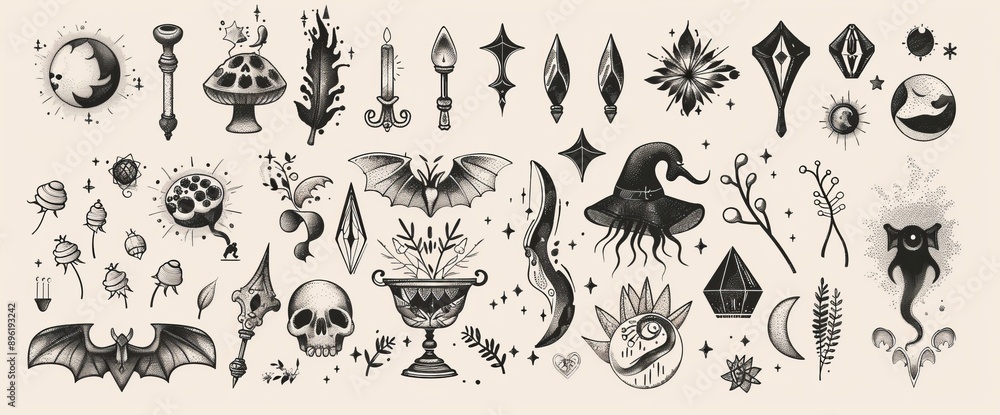 Naklejka premium Symbols of alchemy, witchcraft, and esoteric symbols are isolated on a white background in this set of mystic modern items.
