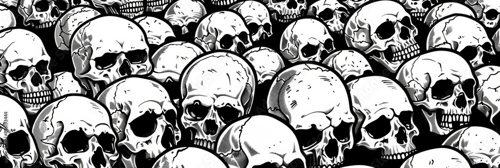 In the background of this tattoo drawing, there are many shapes of skulls with many different designs on the skulls In the background of this tattoo drawing, there are many shapes of skulls with many different designs on the skulls