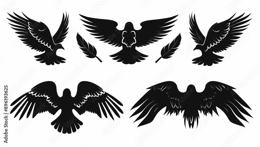 The flight of a bird or angel wing flat black icon set. Aviation pilot badge. Vintage army badge emblem falcon phoenix hawk. Flying winged frame. Biker logo stencil stamp. The flight of a bird or angel wing flat black icon set. Aviation pilot badge. Vintage army badge emblem falcon phoenix hawk. Flying winged frame. Biker logo stencil stamp.