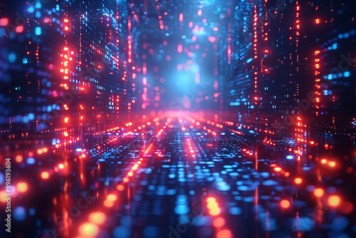 A binary background with dark blue and touches of neon highlights creating a technological and futuristic aesthetic