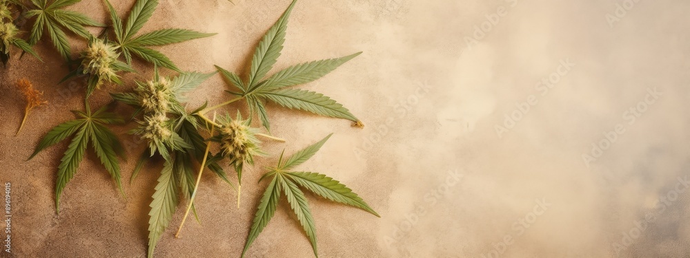 Vibrant Weed Composition: Cannabis Buds and Leaves Against Light Brown Slate Background with Room for Text Vibrant Weed Composition: Cannabis Buds and Leaves Against Light Brown Slate Background with Room for Text