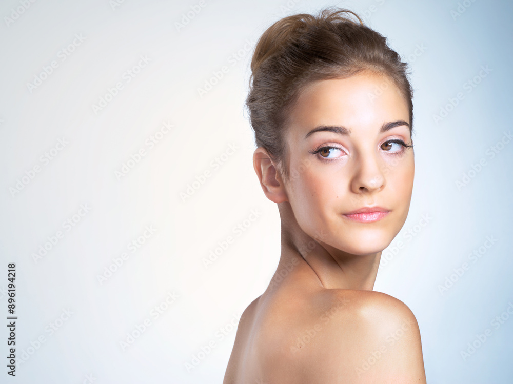 Skincare, studio and woman with glow, cosmetics and dermatology in space, facial treatment and soft. Blue background, model and shine of skin, wellness and proud of results in beauty salon and makeup Skincare, studio and woman with glow, cosmetics and dermatology in space, facial treatment and soft. Blue background, model and shine of skin, wellness and proud of results in beauty salon and makeup