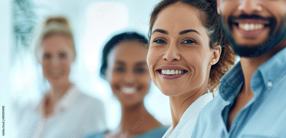 Diverse group of professionals smiling in office with blurred colleagues in background. Teamwork, corporate culture, collaboration, diversity, business environment, professional growth, networking. Diverse group of professionals smiling in office with blurred colleagues in background. Teamwork, corporate culture, collaboration, diversity, business environment, professional growth, networking.