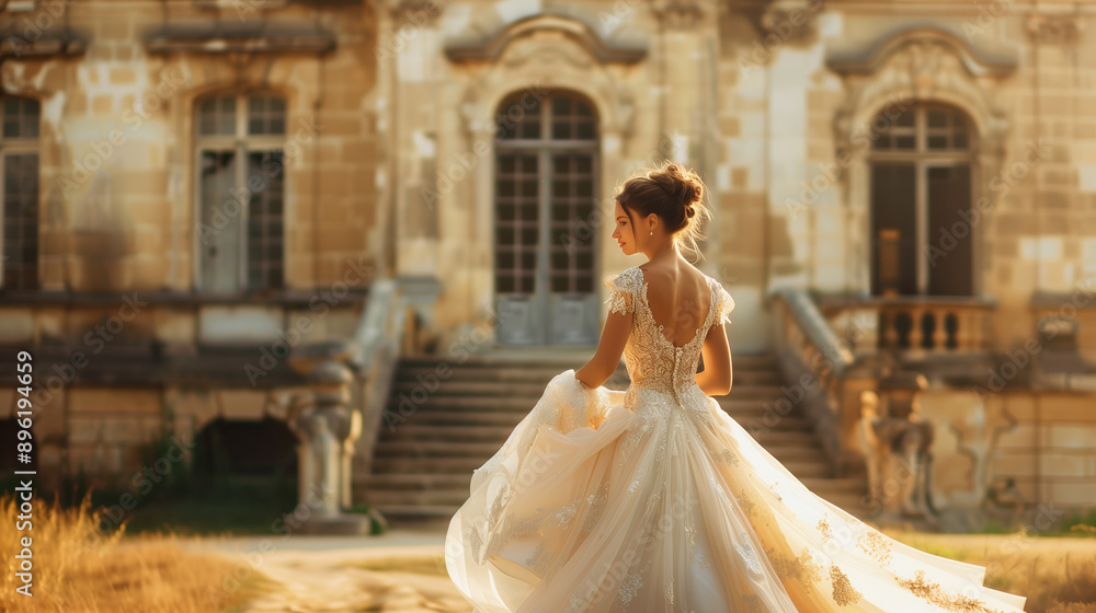 Model in a romantic wedding dress in front of a beautiful castle Model in a romantic wedding dress in front of a beautiful castle