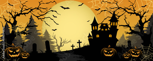 Halloween pumpkins, bats, cobwebs, a cemetery, trees and a scary castle against the backdrop of a creepy big orange moon. Holiday flyer, poster or banner. Halloween vector illustration.