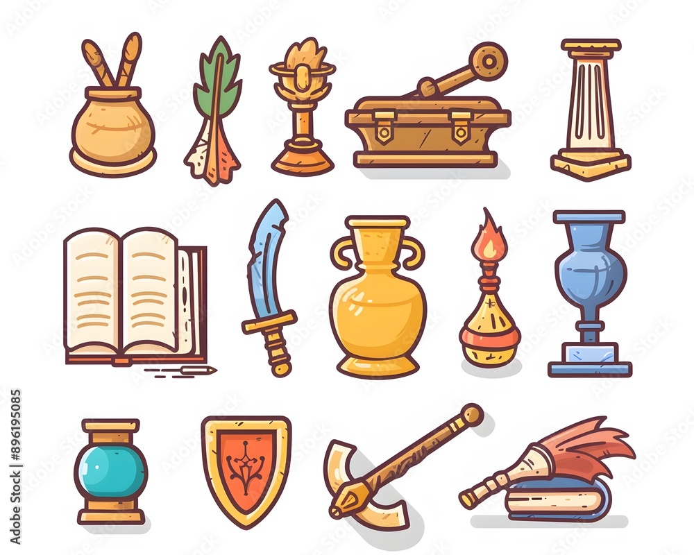 A set of colorful cartoon illustrations depicting various ancient artifacts. A set of colorful cartoon illustrations depicting various ancient artifacts.