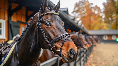 Portrait of a brown horse with a bridle standing in a stable, outdoors during autumn, with trees and leaves in the background.