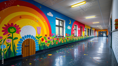 Colorful, cheerful mural on the wall of a school or kindergarten, featuring fairy-tale or educational themes