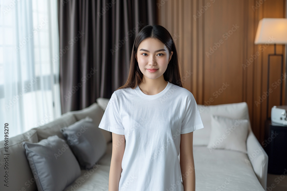 Woman wearing blank white t-shirt for design mock up