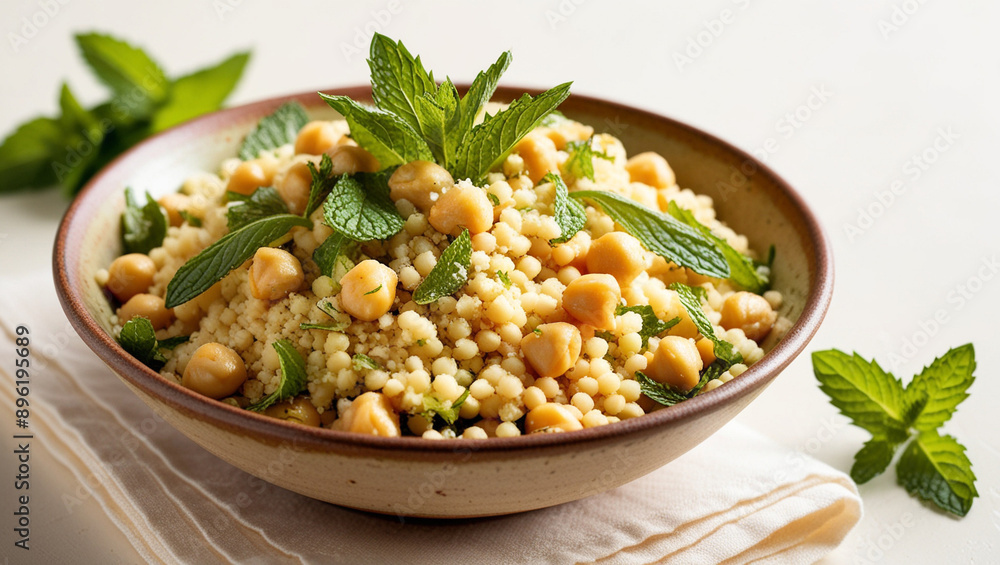 Couscous Salad with Chickpeas and Fresh Mint in a Ceramic Bowl Couscous Salad with Chickpeas and Fresh Mint in a Ceramic Bowl