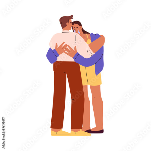 Suicide Prevention Month. Upset crying woman hugs man tightly.