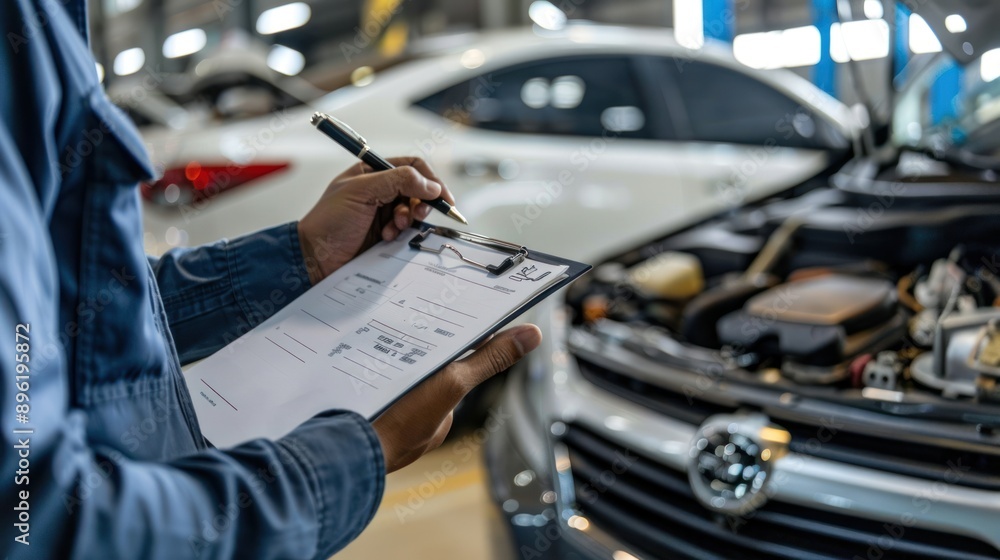 A car mechanic checklist to the clipboard insurance with inspecting the car at garage workshop, Car auto services, and maintenance check concept. auto repair shop for car service. A car mechanic checklist to the clipboard insurance with inspecting the car at garage workshop, Car auto services, and maintenance check concept. auto repair shop for car service.