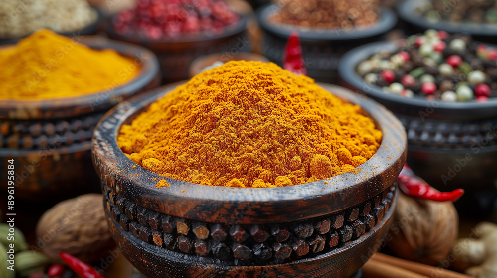 Spices in bowls such as pepper, turmeric, curry, and many others Spices in bowls such as pepper, turmeric, curry, and many others