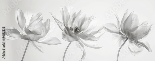 Monochrome close-up of three tulips on
