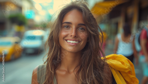 Retrato Cinematográfico de Mulher Brasileira de 30 Anos com Cabelos Longos Caminhando na Avenida Paulista, Sorrindo IA Generativa