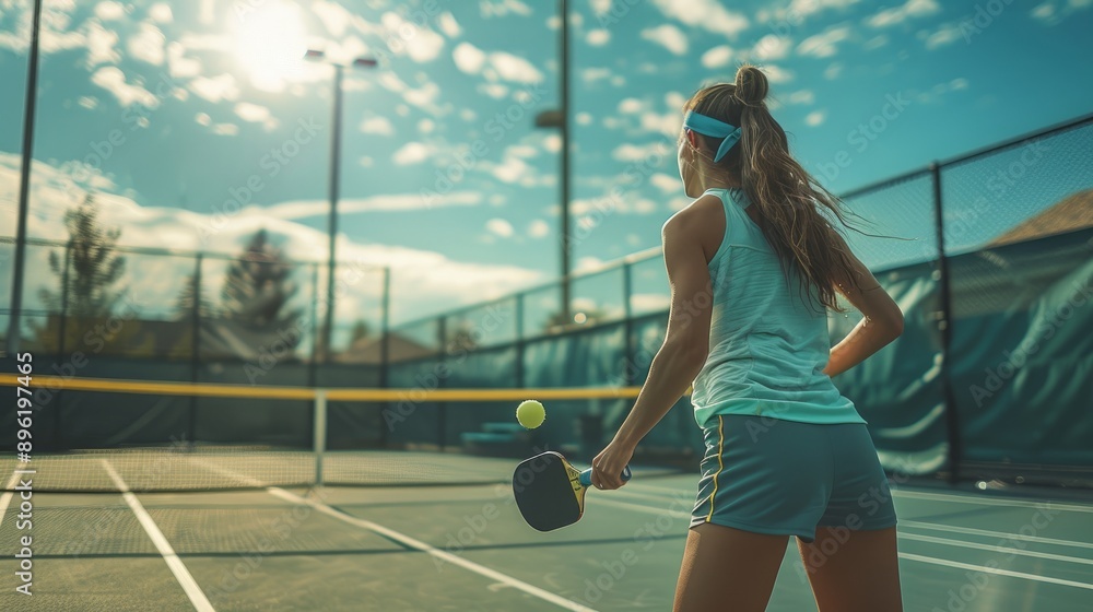 Obraz premium Young strong woman as a pickleball player practicing in her field