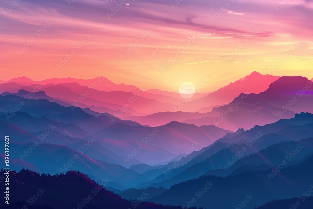 A serene landscape of mountains at sunset, with warm orange and pink hues A serene landscape of mountains at sunset, with warm orange and pink hues