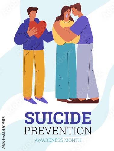 Suicide Prevention Month. A man hugs a crying woman.