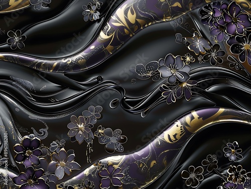 Elegant black and gold fluid art with dark purple and silver floral embellishments photo