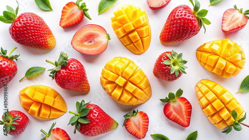 Slices of ripe mango and strawberry are artfully arranged on a white surface