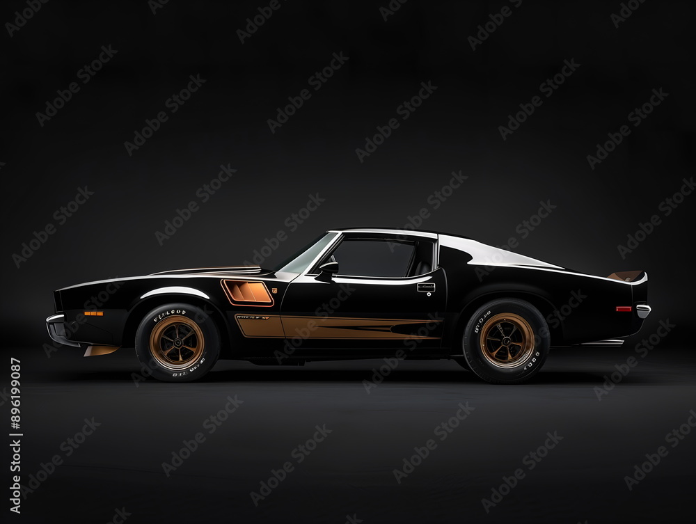 Fototapeta premium A car stands isolated on dark background, front side view Sports car, retro 90th autonomous vehicle HUD car