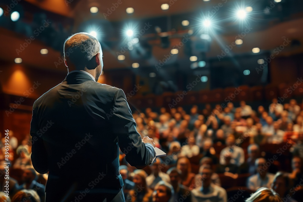 Public speaker giving talk at Business Event. The man in the suit is standing on stage giving a speech to the audience at a business conference or presentation workshop for students.