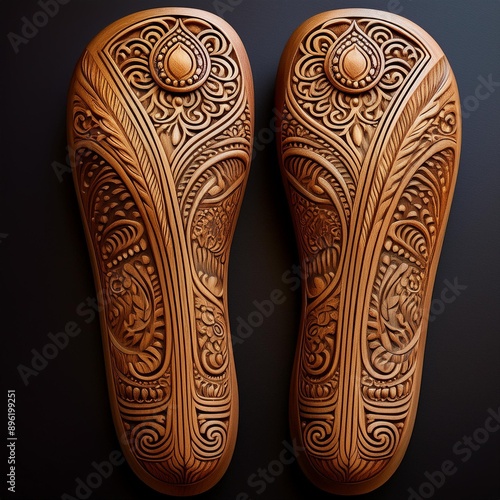 Two wooden India's ancient archetypal footwear. intricate decorative carving on black photo