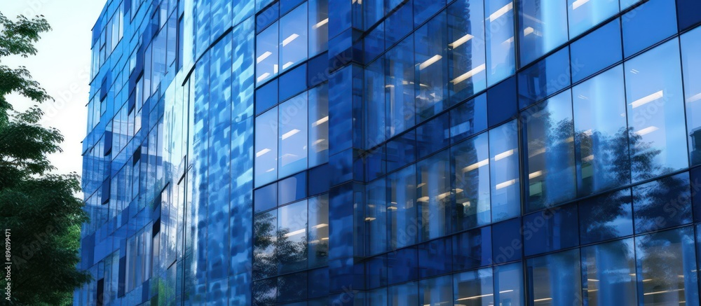 Modern glass office building exterior, shades of blue Modern glass office building exterior, shades of blue