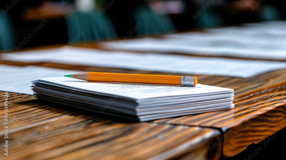 Stack of papers with a pencil on a wooden desk, perfect for themes of education, study, or office work. Blurred background adds depth. Stack of papers with a pencil on a wooden desk, perfect for themes of education, study, or office work. Blurred background adds depth.