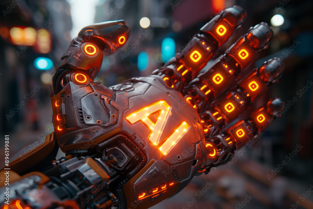 Photorealistic robotic arm, made in a minimalistic technical style, holds the letters AI in the open palm Photorealistic robotic arm, made in a minimalistic technical style, holds the letters AI in the open palm