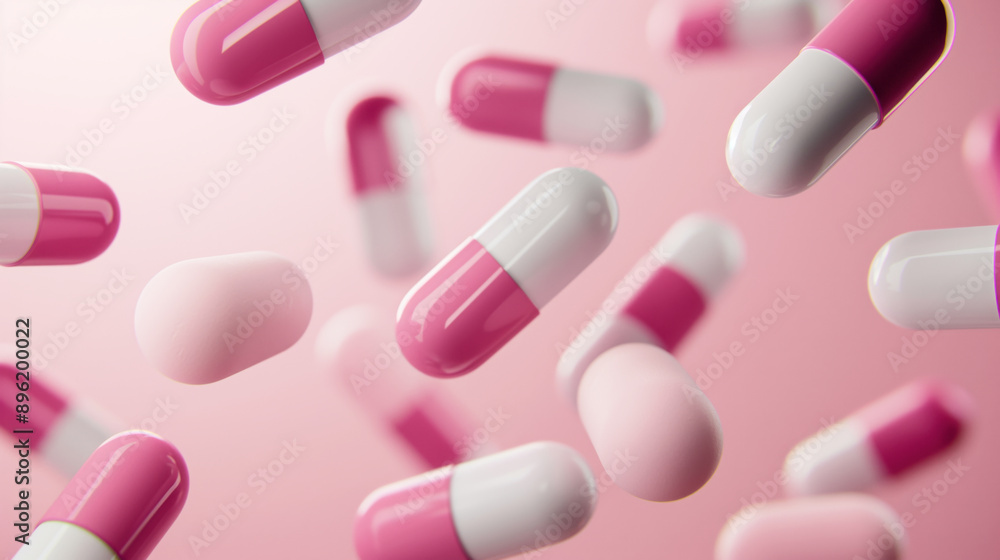 Floating pink and white capsules on a pink background representing pharmaceutical pills or medication. Floating pink and white capsules on a pink background representing pharmaceutical pills or medication.