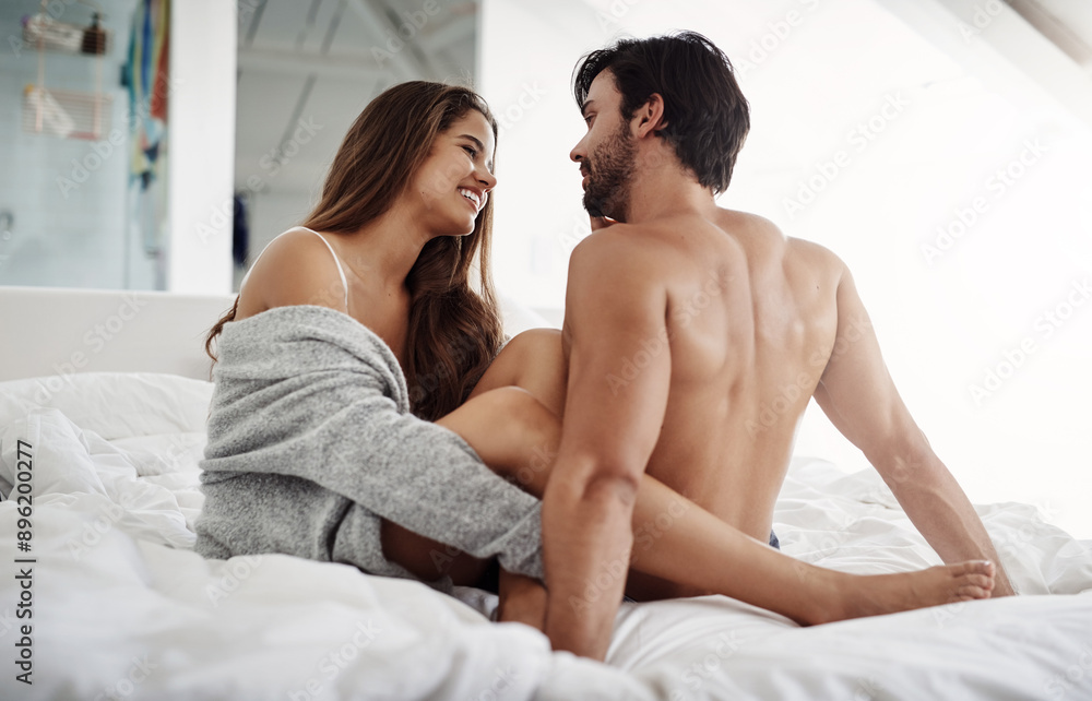Home, laugh and couple in bed with intimacy, romance and bonding together in marriage with love. Happy people, woman and man with affection, embrace and passionate in relationship with commitment Home, laugh and couple in bed with intimacy, romance and bonding together in marriage with love. Happy people, woman and man with affection, embrace and passionate in relationship with commitment