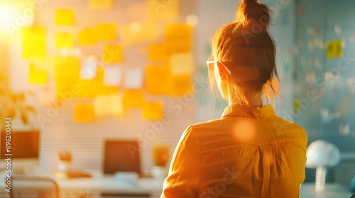 A young woman in a yellow blouse stands in front of a wall covered with notes, suggesting she is brainstorming or organizing ideas.